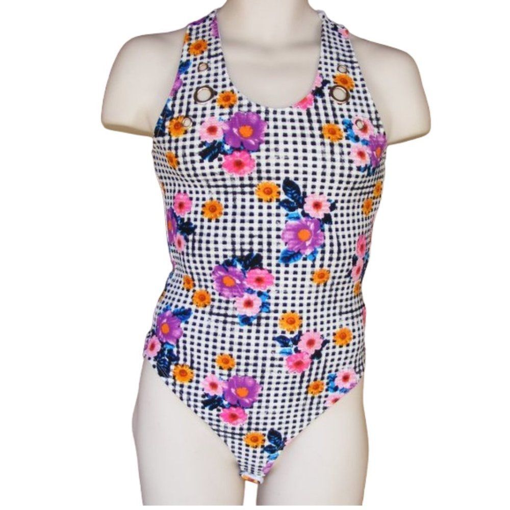 MARILYN MONROE Leotard, M, Black/White Check, Floral, Snaps, Grommet back